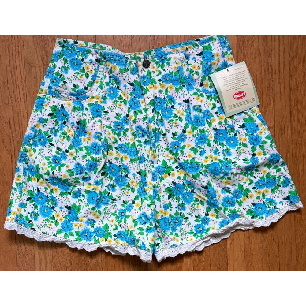 Vintage NWT Gitano Floral Shorts Blue Yellow Lace Trim Cotton Size‎ 13